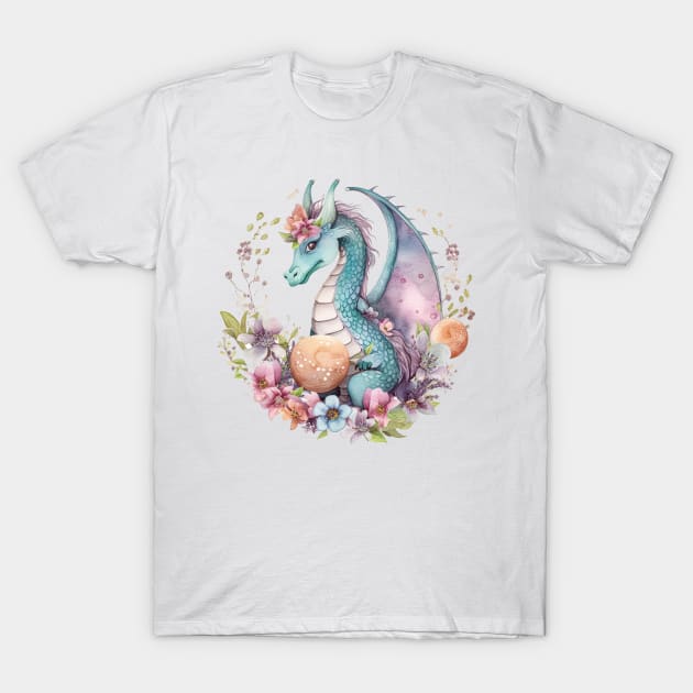 Cute Spring Flower Dragon Watercolor T-Shirt by Fledermaus Studio